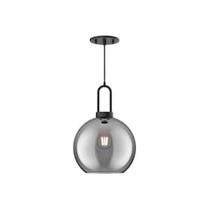 Soji 10 in. 1 Light 60-Watt Matte Black/Smoked Solid Glass Pendant Light