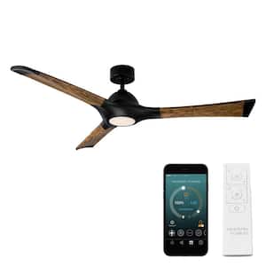 Woody 60 in. Smart Indoor/Outdoor 3-Blade Ceiling Fan Matte Black Distressed Koa with 3000K LED and Remote Control