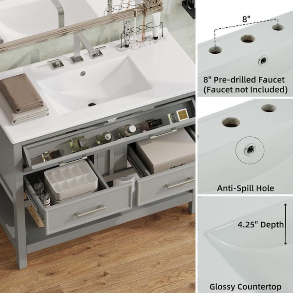 Aero 36 in. Single Sink Freestanding Gray Bath Vanity with White Ceramic Top and Basin (Unassembled)