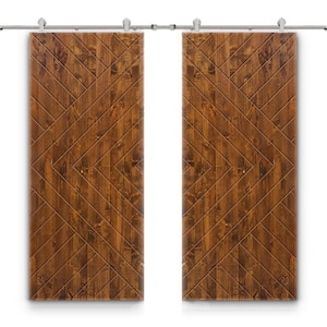 Chevron Arrow 60 in. x 84 in. Fully Assembled Walnut Stained Wood Double Sliding Barn Door With Hardware Kit