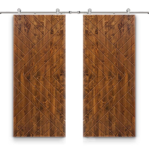 CALHOME Chevron Arrow 72 in. x 84 in. Fully Assembled Walnut Stained Wood Double Sliding Barn Door With Hardware Kit