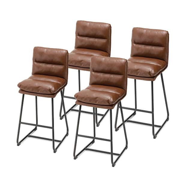 Glitzhome 30.75 in. H Seat Modern Brown Metal Thick Leatherette Bar Stool with Metal Legs (Set of 4）