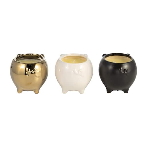 4 in. Black/Gold Ceramic Vanilla Sandalwood Pig Candle 9 Oz (Set of 3)