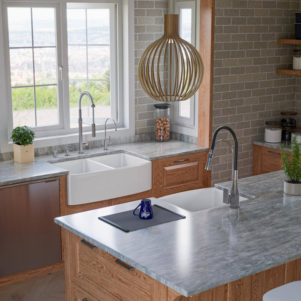 White Fireclay Double Bowl Farmhouse Kitchen Sink