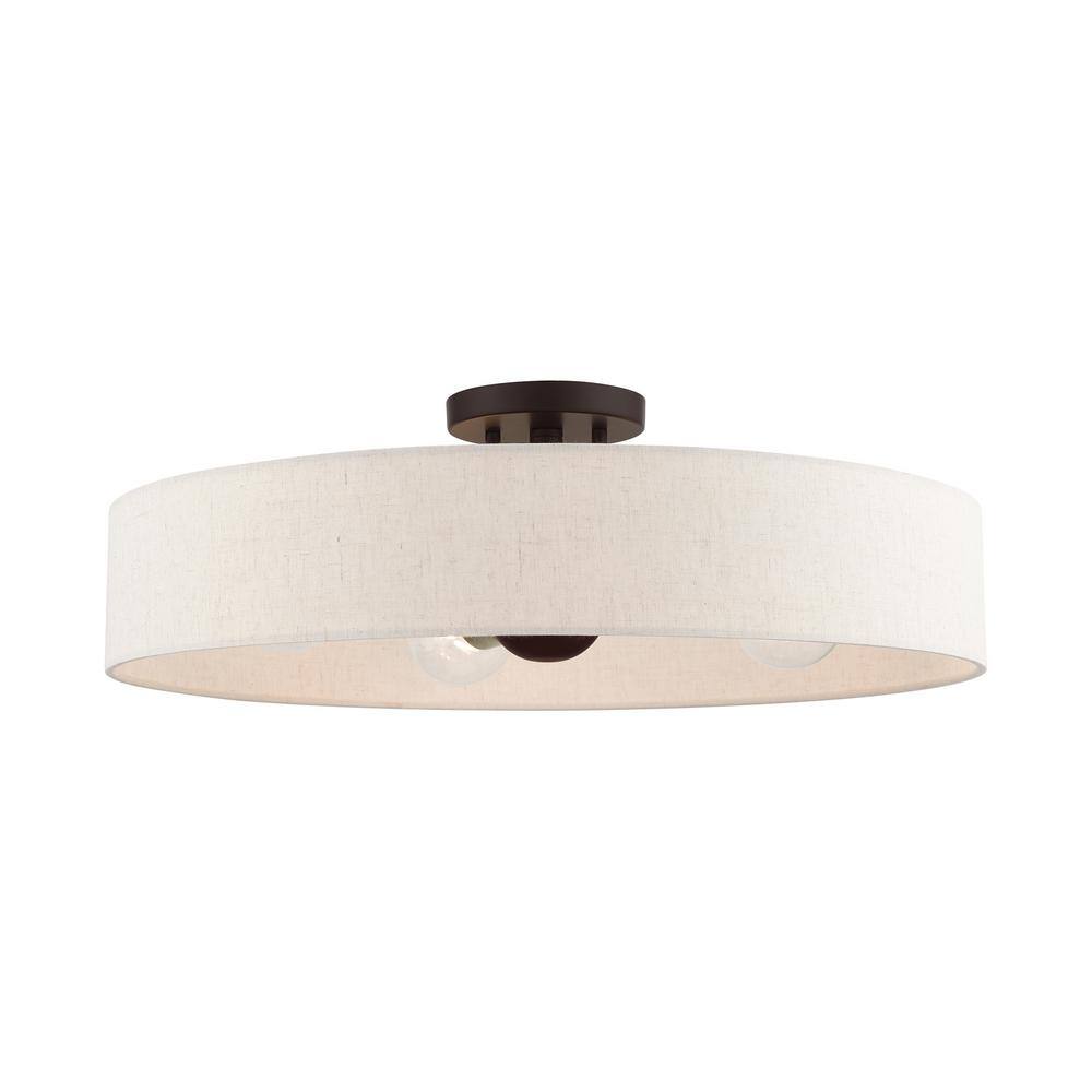 Elegant Bronze Drum Semi-Flush Mount with Oatmeal Fabric Shade