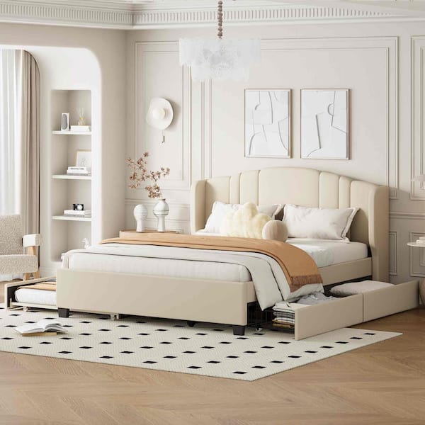Beige Wood Frame Queen Size Platform Bed with Wingback Headboard, Twin Trundle and (2-Drawers)
