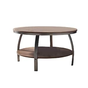 35.43 in. Light Brown Round MDF Wood Top Coffee Table with Wooden Storage Shelf