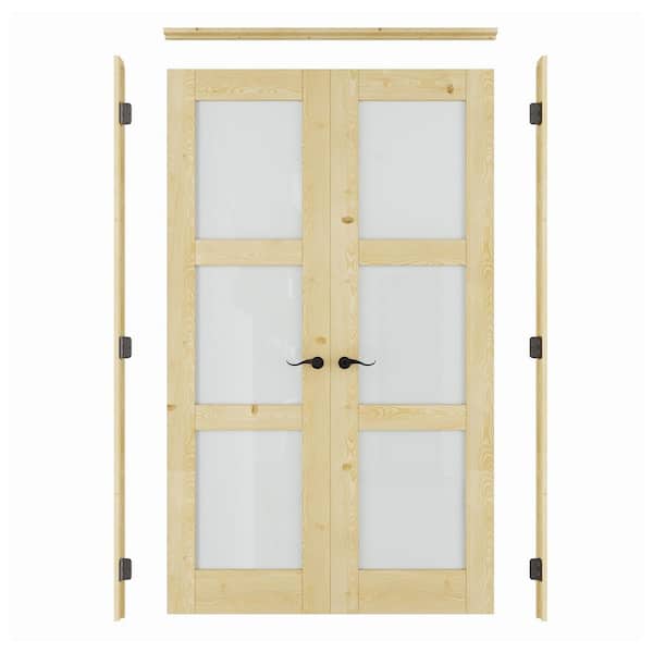 48 in. x 80 in. Universal 3-Lite Frosted Glass Unfinished Pine Wood Double Prehung French Door with Quick Assemble Jamb