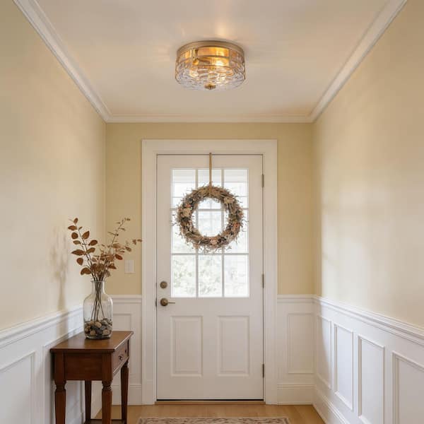 TinHon Modern Gold 3-Light Clear Ripple Glass Flush Mount Ceiling