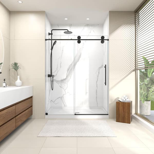 Valora 48 in. W x 76 in. H Single Sliding Frameless Shower Door in Matte Black with SGCC 5/16 in. Tempered Clear Glass