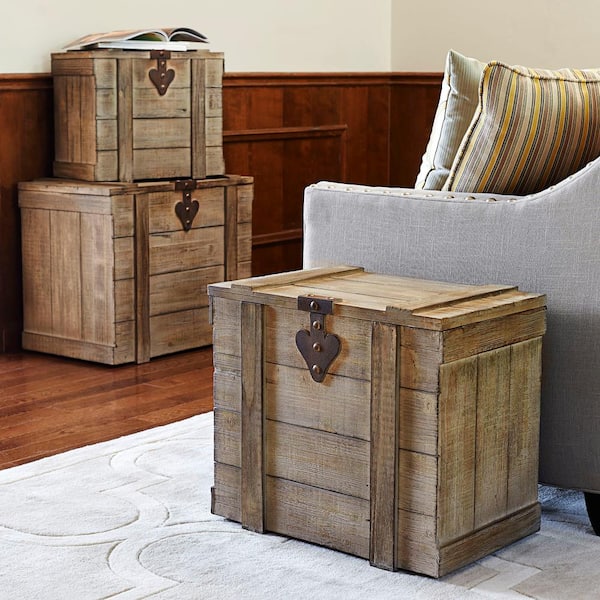 Set Of 3 Traditional Faux Leather And Wood Storage Case Trunks