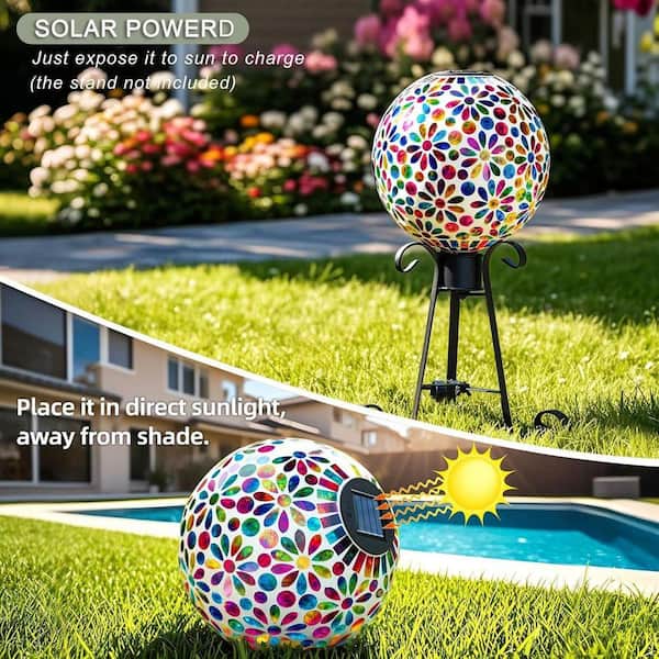 10 in. Mosaic Glass Gazing Ball with Solar Light Outdoor Solar