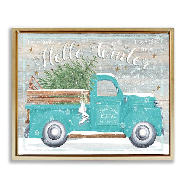 Stupell Industries Rustic Hello Winter Truck by Karen Tye Bentley 1-Piece Floater Frame Graphic Print Travel Art Print 31 in. x 25 in.