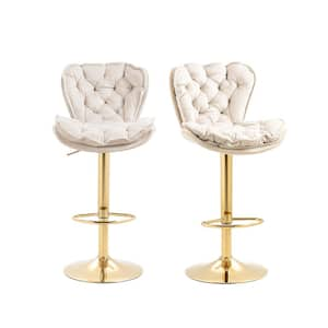 32 in. Ivory Velvet Swivel Low Back Metal Frame Adjustable Cushioned Counter Height Bar Stool (Set of 2)