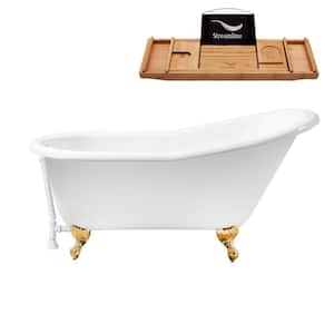60 in. Cast Iron Clawfoot Non-Whirlpool Bathtub in Glossy White with Glossy White Drain and Polished Gold Clawfeet