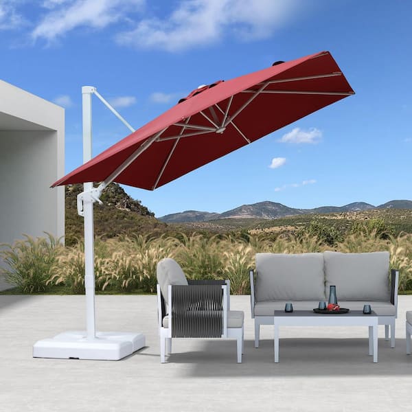 PURPLE LEAF 8 ft. Square Outdoor Patio Cantilever Umbrella White Aluminum Offset 360° Rotation Umbrella in Red