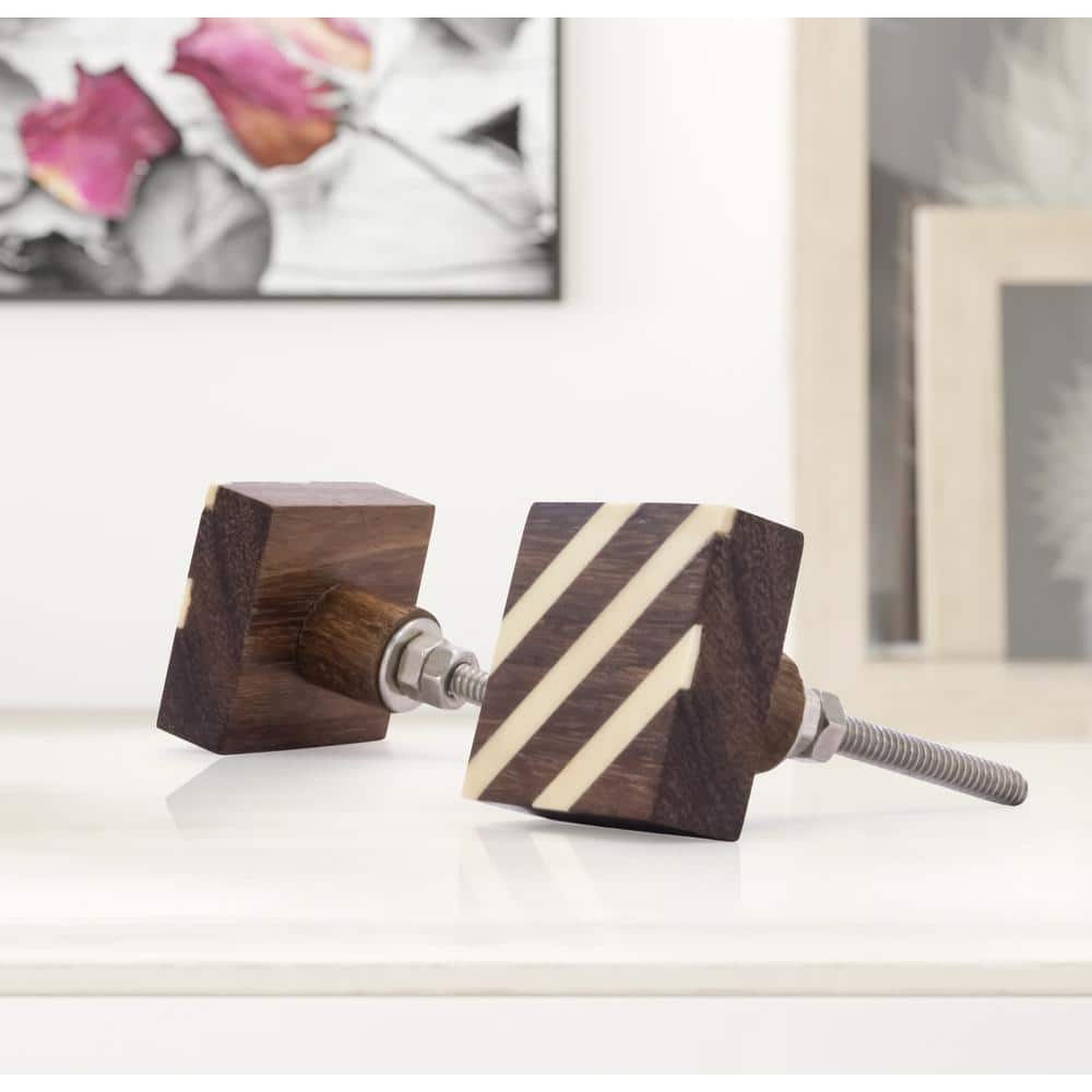 Cream and Brown Wood Square Cabinet Knob with Mounting Hardware
