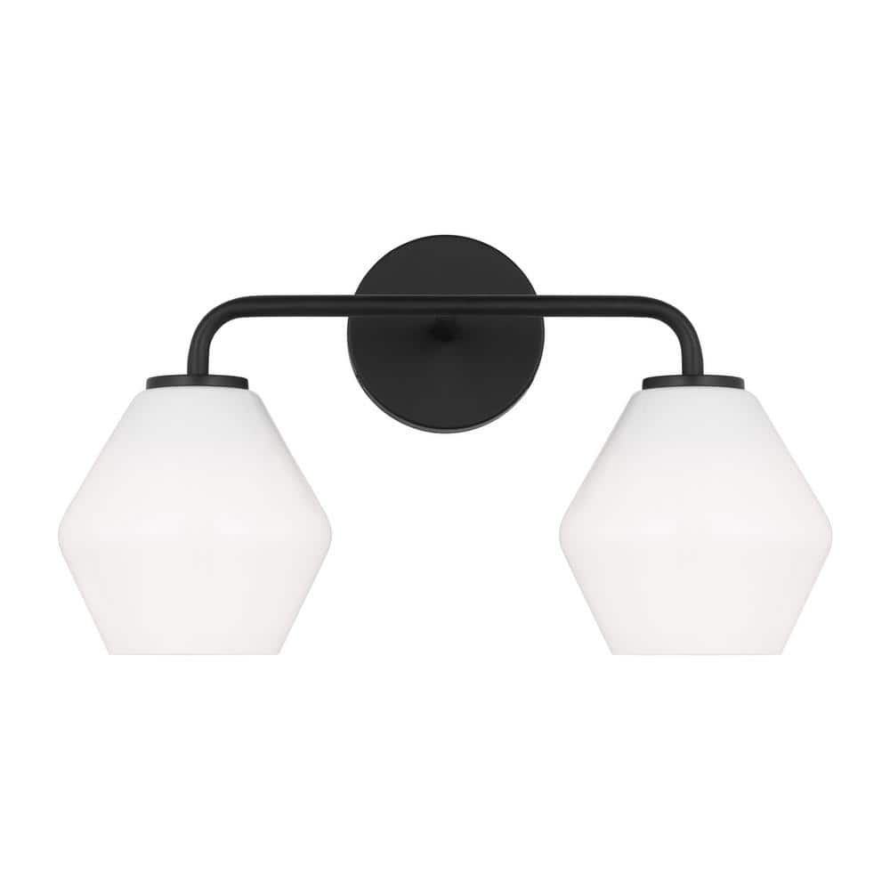 Generation Lighting Jett 17 in. 2-Light Midnight Black Bathroom Vanity Light with Milk Glass Shades(incomplete Missing light)