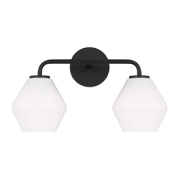 Generation Lighting Jett 17 in. 2-Light Midnight Black Bathroom Vanity Light with Milk Glass Shades