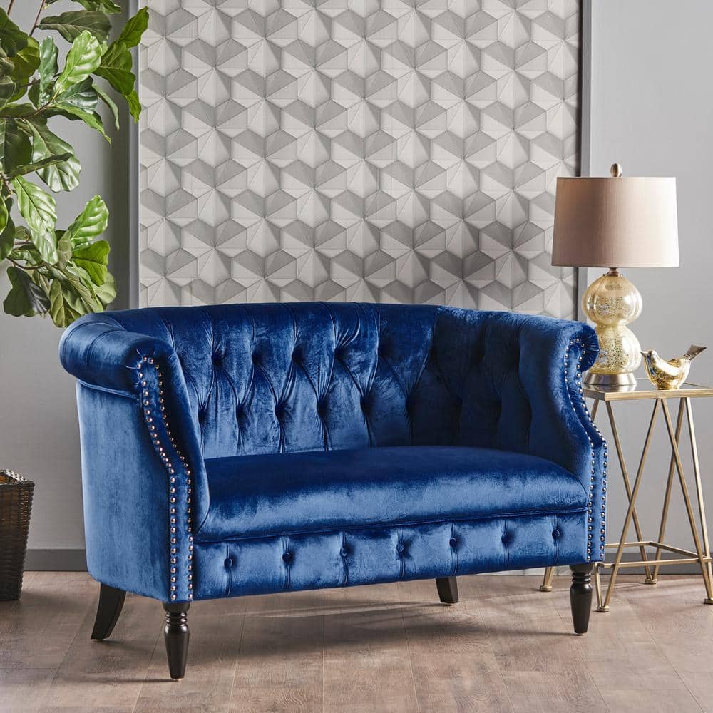 Elegant Navy Blue Velvet Chesterfield Loveseat with Nailhead Accents
