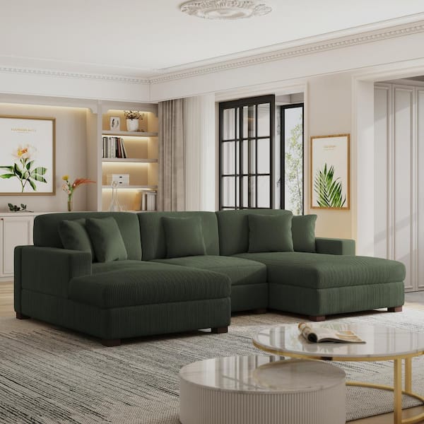 118 in. Square Arm 3-Piece Corduroy Upholstered U-Shaped Sectional Sofa in. Green
