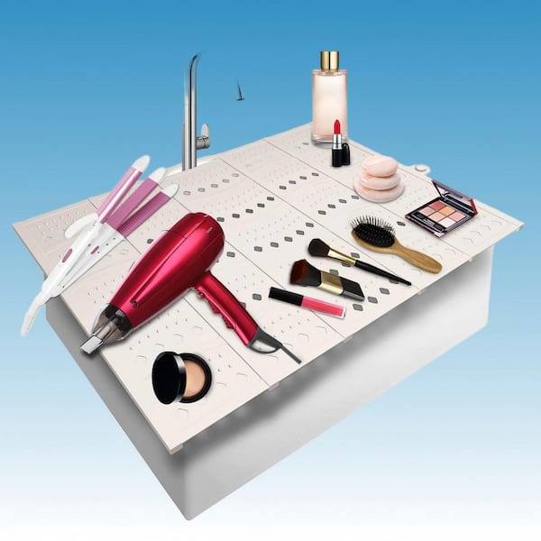 20.2 in. x 15.8 in. Silicone Sink Front Makeup Organizer Mat, Sink Top Cover Space Saver for Over Countertop, Pearl