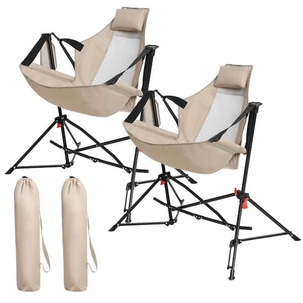 Oversized Folding Portable Swinging Hammock Chairs in Khaki with Stand and Storage Bag Set of 2