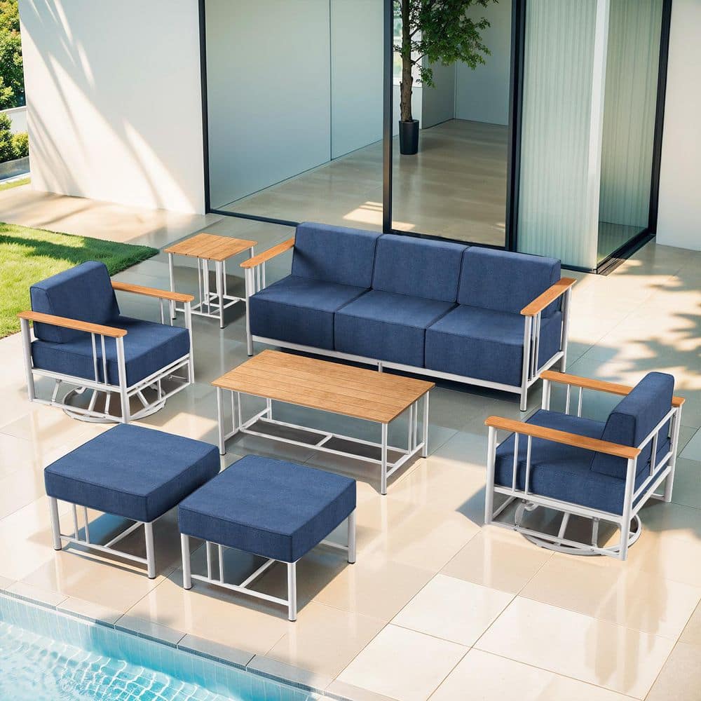 BINGDWEN 6-Piece White Metal Patio Conversation Set, Outdoor Sofa Set with Swivel Chair, Ottoman and Blue Cushions