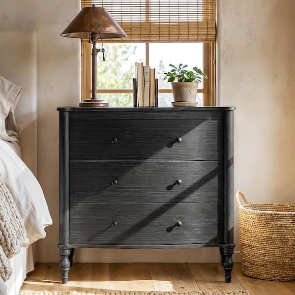 Black 3 Drawer 32.8 in. Wide Dresser without Mirror with Solid Wood Legs,Curved Drawer,Anti-Tip, For Living Room Storage