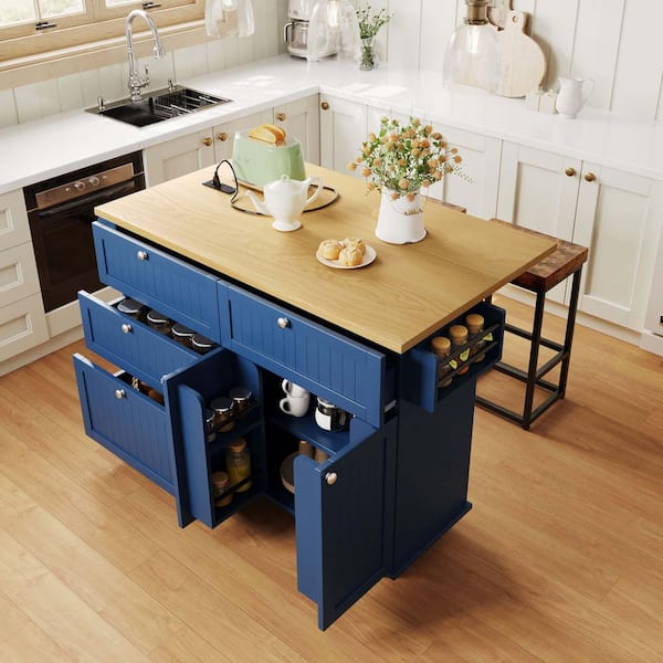JUJABU Blue Wood 47.2 in. Kitchen Island with Drawers, Drop Leaf