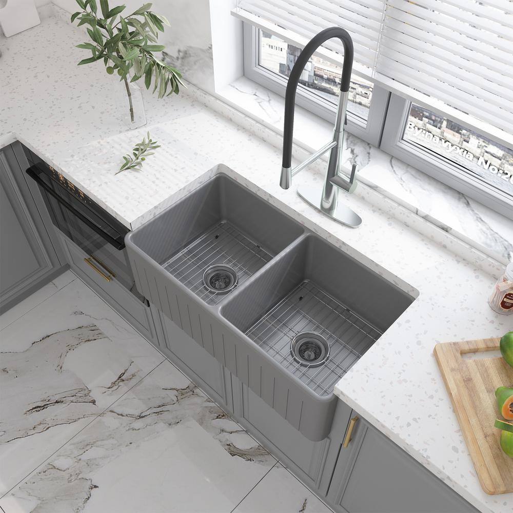 33" L x 18" W Double Bowl Fireclay Farmhouse Kitchen Sink with Sink Grid
