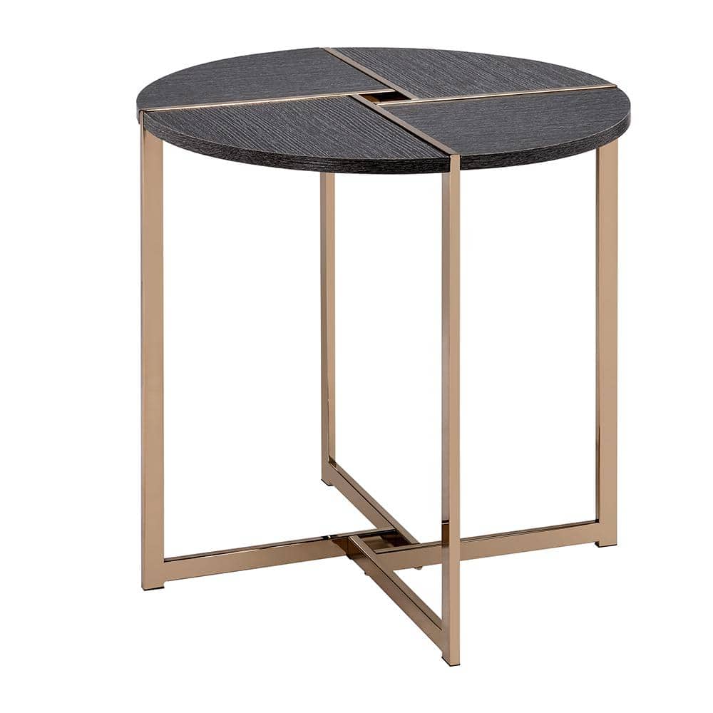 Bromia 24" Round Black Wood and Champagne Metal End Table