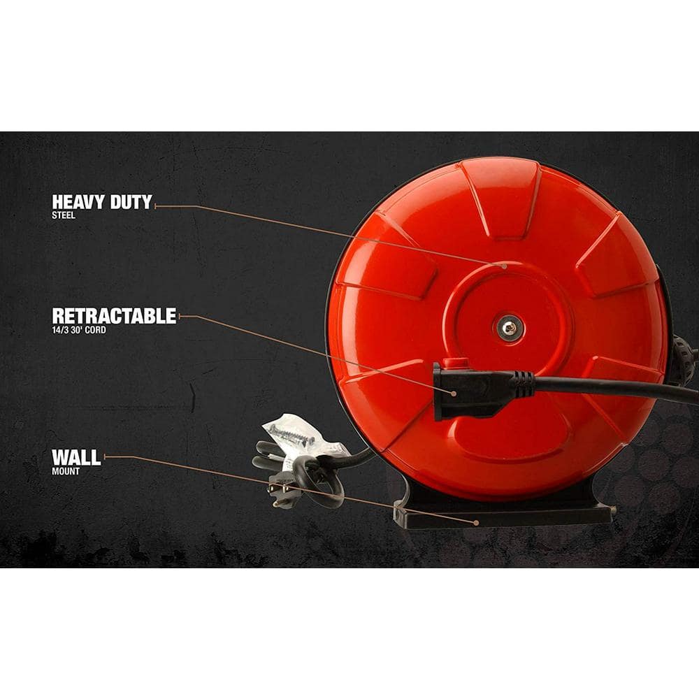Red 50 ft PVC Extension Cord Reel with Locking Plug