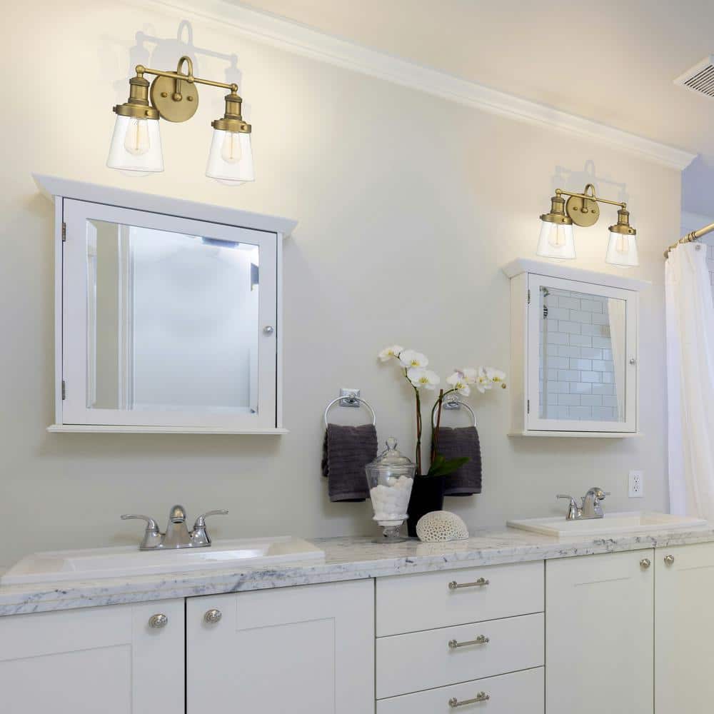Taylor Old Satin Brass 2-Light Dimmable Vanity Fixture with Clear Glass Shades