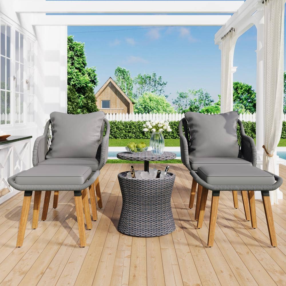 5-Piece Wood Gray Patio Conversation Set with Wicker Table, Ottomans and Gr