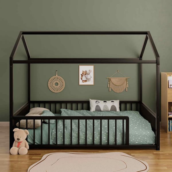 Black Metal Frame Full Platform Bed with Fence for Kids and Toddlers