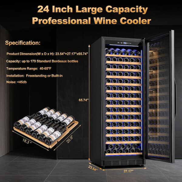 Cellar Cooling Unit 24 in. Single Zone 189-Bottle Built-In or Freestanding Wine Cooler with Door Lock, in black