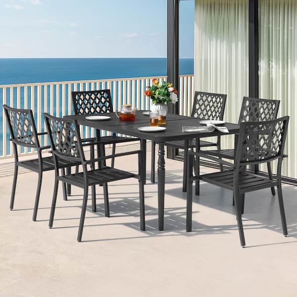 Black 7-Piece Metal Rectangle Outdoor Dining Set with 6 Stackable Chairs and Umbrella Hole