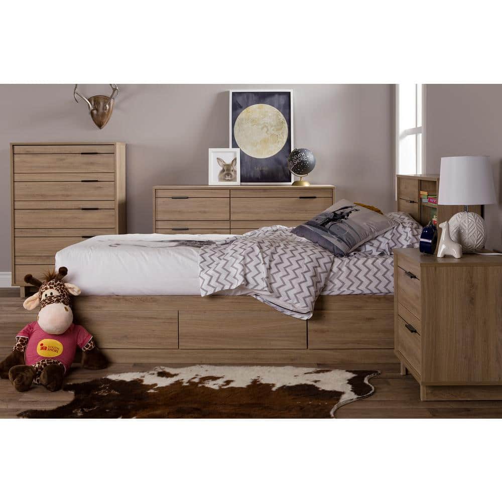 Rustic Oak Vertical 5-Drawer Chest with Black Handles