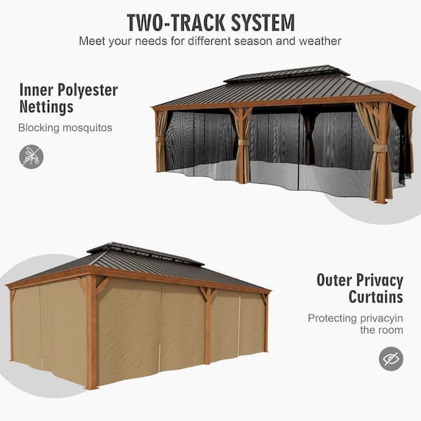 14 ft. x 20 ft. Double Iron Roof Hardtop Gazebo Aluminum Wood-Grain Frame Gazebo with Mesh and Curtains.