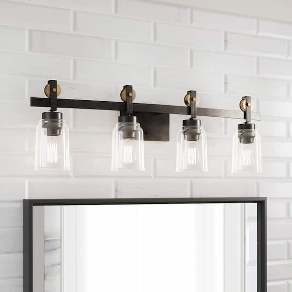 Knollwood 31-3/4 in. 4-Light Antique Bronze Industrial Vanity Light with Vintage Brass Accents and Clear Glass Shades