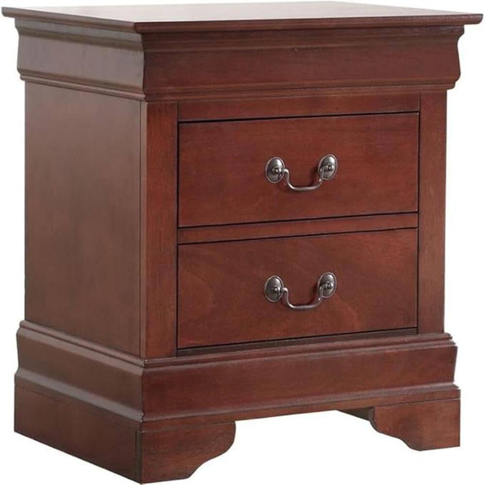 Front view of a burgundy two-drawer nightstand.