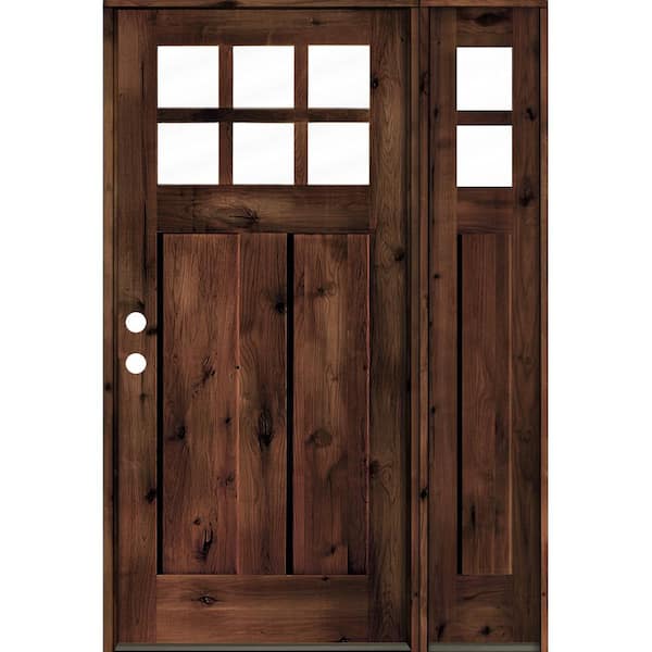Krosswood Doors 50 in. x 80 in. Craftsman Alder 3-Panel Right-Hand 6Lite Clear Glass Red Mahogany Wood Prehung Front Door/Right Sidelite
