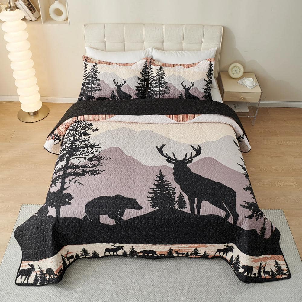 Black and Beige Reversible Queen Quilt Set with Animal Print