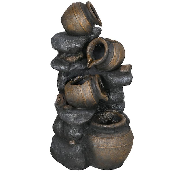 Outsunny 4-Tier Floor Standing Resin Cascading Jars and Stacked Stones Waterfall Fountain with LED Lights and Pump