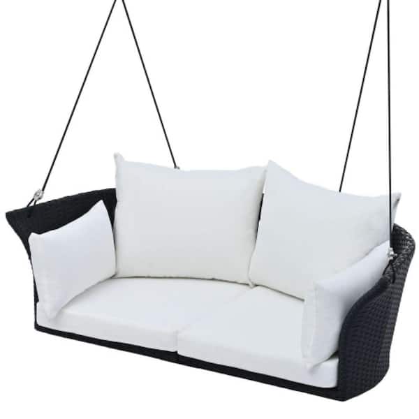 ITOPFOX 2-Person Wicker Hanging Patio Swing Seat Porch Swing, Rattan Woven Swing Chair with Ropes with Cushion in Black & White
