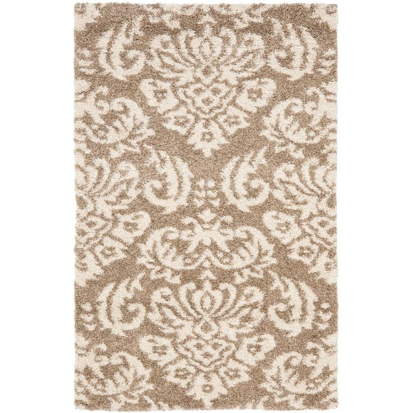 SAFAVIEH Florida Shag Beige/Cream Doormat 3 ft. x 5 ft. Floral Medallion Area Rug