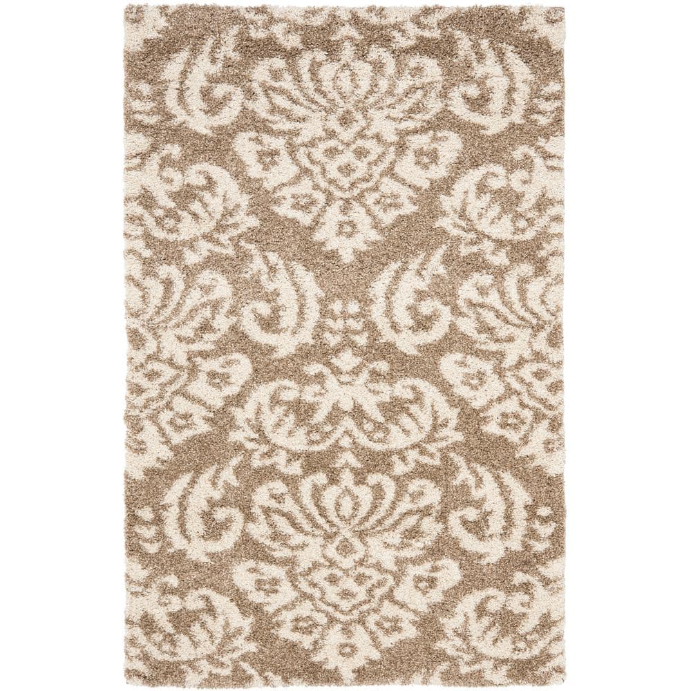 Beige and Cream Floral Shag Synthetic Area Rug