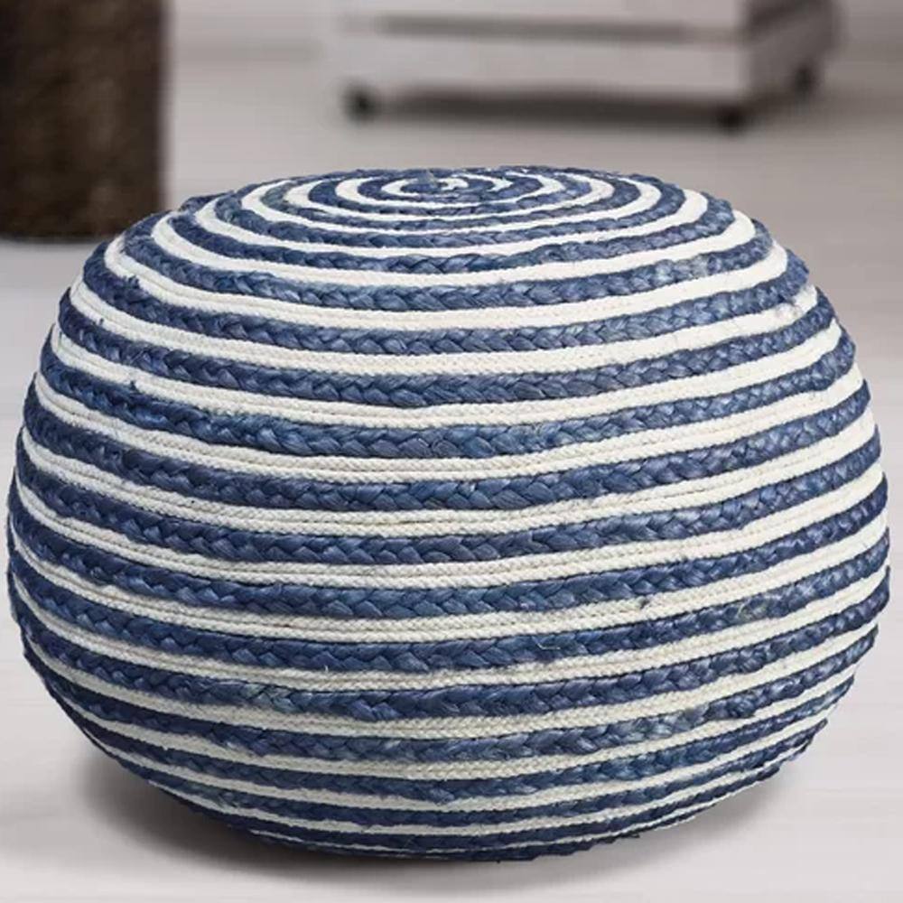 Seafaring Striped Braided Jute-Cotton Pouf, Blue/White, 20"x14"