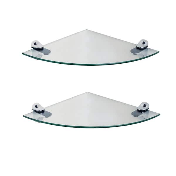 DANYA B Pristine 10 in. Radius Clear Glass Radial Floating Shelves with Chrome Brackets (Set of 2)